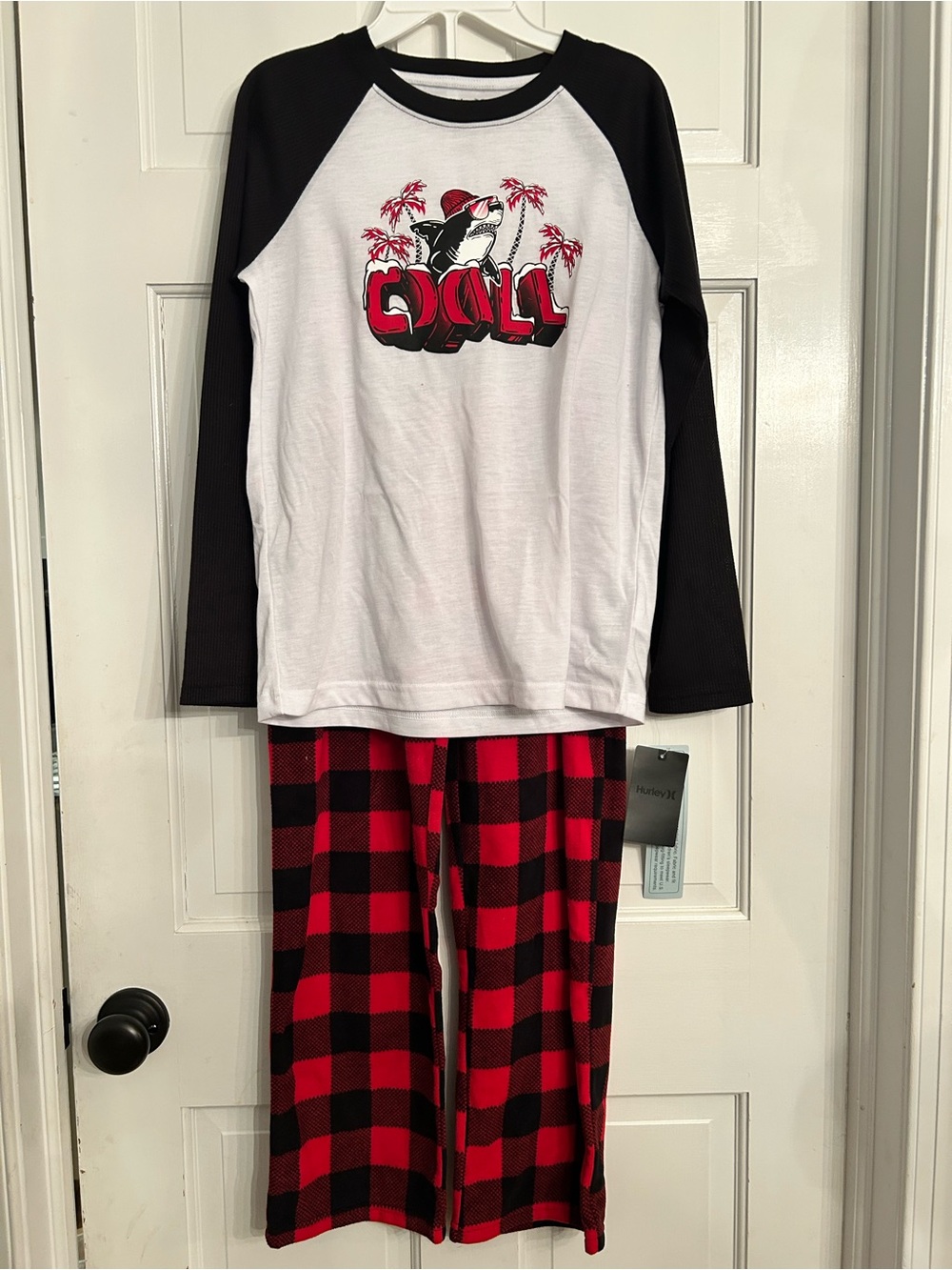 Hurley Black & White Raglan Top with Red Buffalo Plaid Pajama Pants
